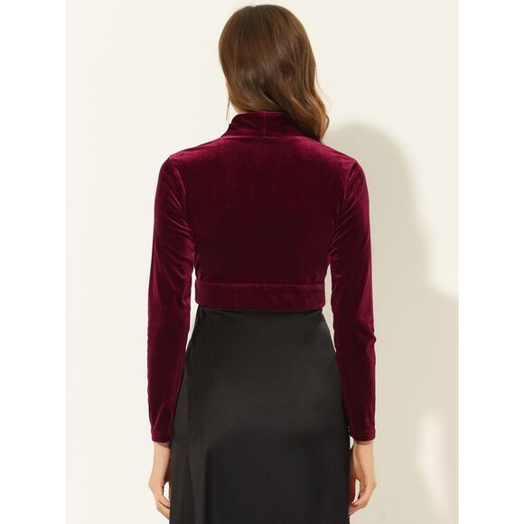 Long Sleeve Velvet Shrug Open Front Cropped Bolero Cardigan Top Burgundy - Picture 4 of 5